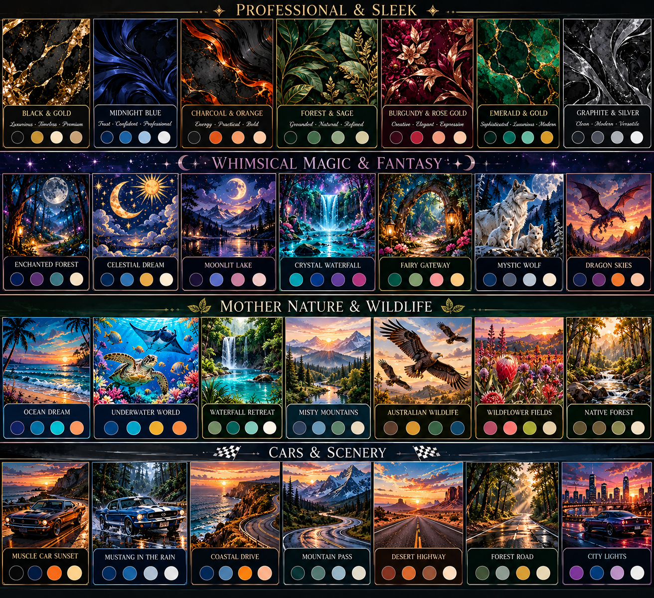 Preview board showing the four theme categories